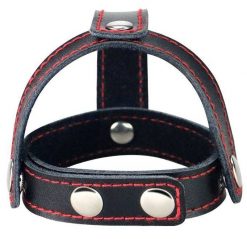 Эрекционное кольцо Bondage Fetish T-Style Leather Cockring With Ball Divider с фиксацией мошонки, черное - LoveToy